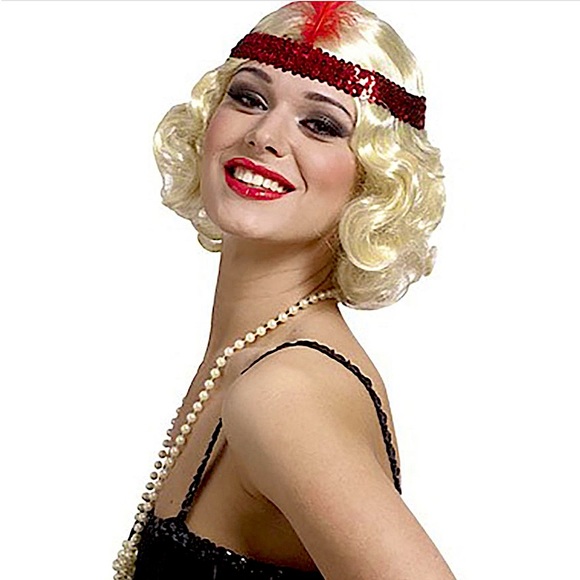 Blonde Curly Flapper Wig with Red Feather Headband..20's  30's 40's...Gatsby - Picture 2 of 4